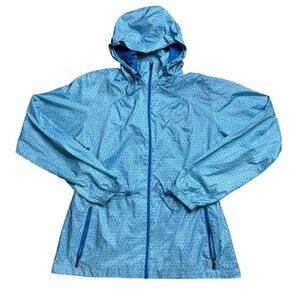COLUMBIA SPORTSWEAR USED M MEDIUM BLUE HIKING HAS TEAR JACKET HOODIE OUTDOOR
